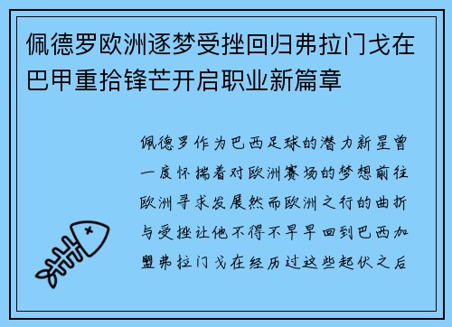 佩德罗欧洲逐梦受挫回归弗拉门戈在巴甲重拾锋芒开启职业新篇章